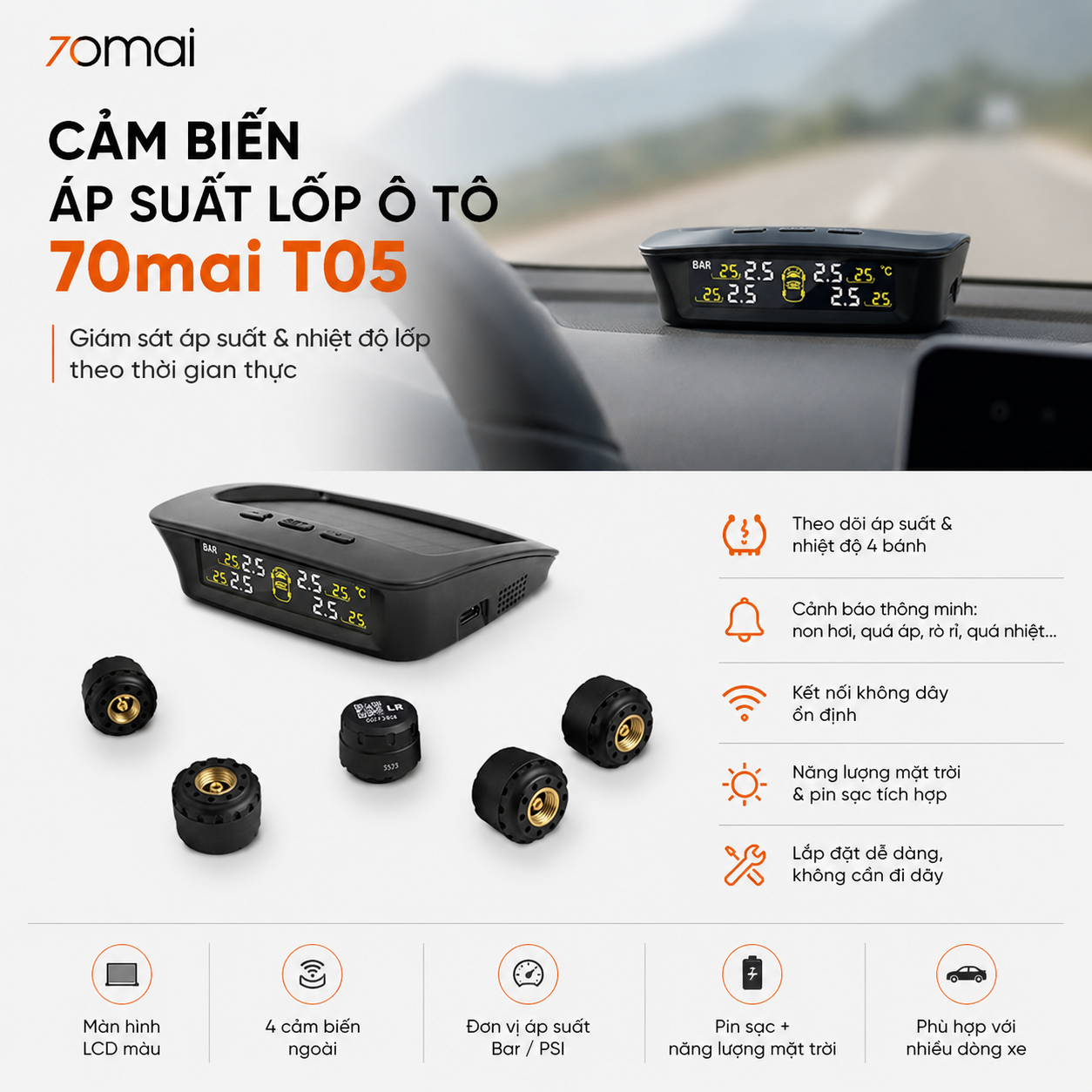 Cảm Biến Áp Suất Lốp Ô Tô 70mai T05 Van Ngoài