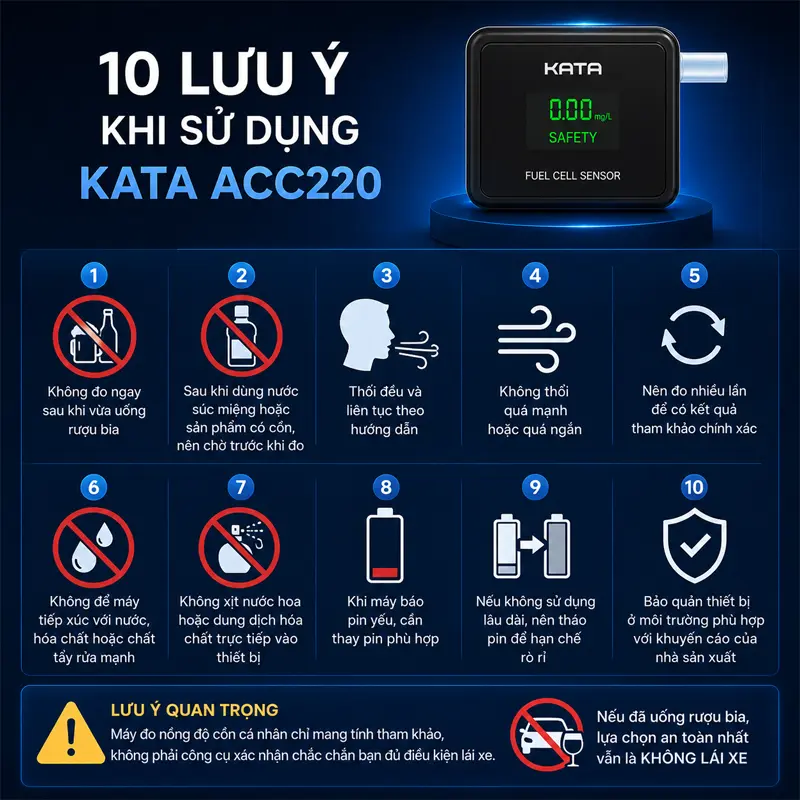 Những lưu ý quan trọng khi sử dụng máy đo nồng độ cồn KATA ACC220 Những lưu ý quan trọng khi sử dụng máy đo nồng độ cồn KATA ACC220